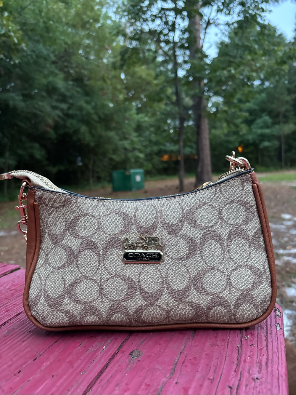 Coach Beige Signature Canvas Mini Bag with Tan Trim